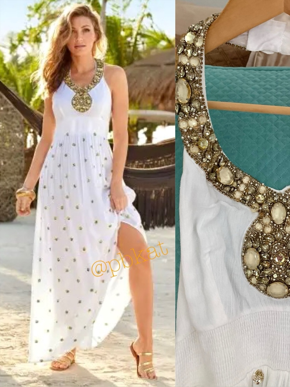 Boston Proper White Jeweled Halter Maxi Dress with Gold Sequin Accent